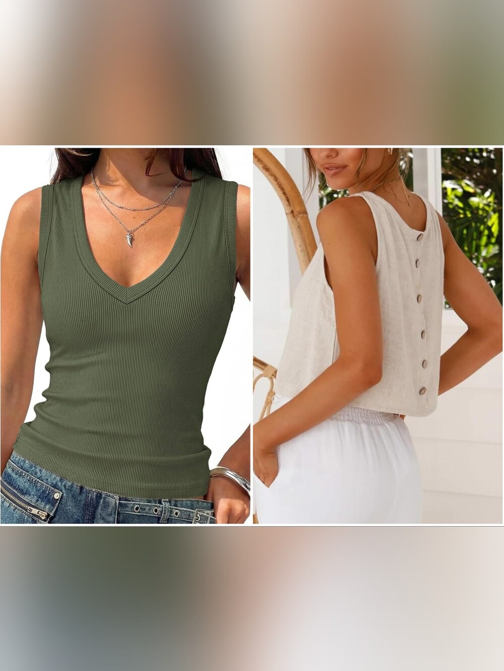Set of 2 Amazon Tank Tops - Olive Green Ribbed V-Neck & Beige Linen